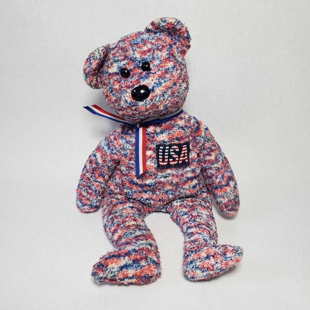 Ty Beanie Babies U.S.A. The Bear Red White Blue Terry Cloth Plush